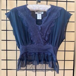 Chloe Vintage Silk and Lace Blouse Women's Size 40 L Navy Made In France RARE